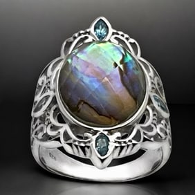 Heavenly Checkerboad Abalone Sterling Silver Ring with Sky Blue Topaz