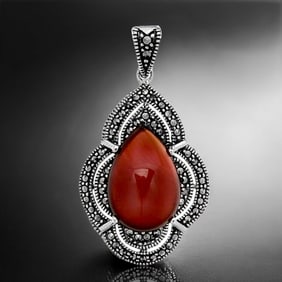 Deep Red Agate Pear Shaped Sterling Silver Pendant wtih dazzaling Marcasite accents