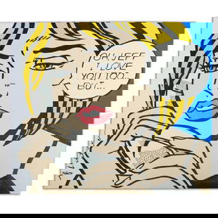 Roy Lichtenstein Watercolor Painting  "Oh, Jeff I Love You. Too... But...": Title: "Oh, Jeff...I Love You, Too...But..." Roy Lichtenstein Watercolor Painting on Heavy Paper Description: We are delighted to present a compelling watercolor painting, "Oh, Jeff...I Love You, Too.