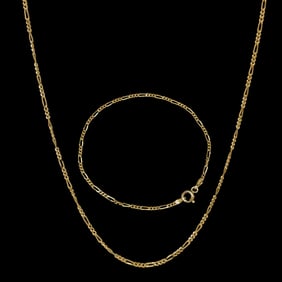 14K Gold over Sterling Silver Set: Figaro Necklace & matching Figaro Bracelet