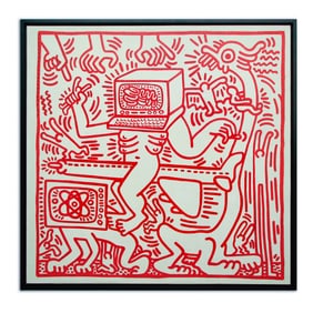 Framed Keith Haring Painting on Canvas – 48" x 49" Attributed