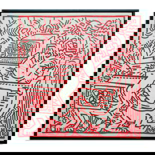 Framed Keith Haring Painting on Canvas – 48" x 49" Attributed: Framed Keith Haring Oil Painting on Canvas - 46 x 47 inches (unframed) Description: This exquisite painting, attributed to the acclaimed artist Keith Haring, is a compelling representation of his icon