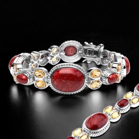 Red Coral Sterling Silver Bracelet with Citrine accents
