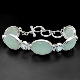 Hawaiian Surf Cabachon & Blue Topaz Sterling Silver Bracelet - 8.5"