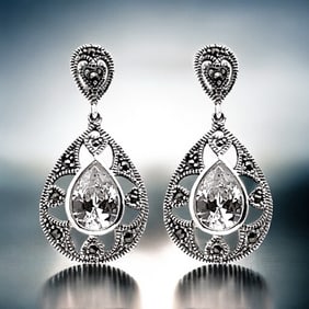 Pear shaped Marcasite & Simulated Diamond Sterling Silver Earrings