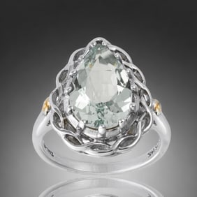 Pear shaped Green Amethyst 14K Gold & Sterling Silver Ring - Size 7