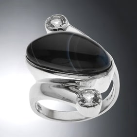 Avant Garde Tuxedo Agate Ring in Sterling Silver with White Topaz
