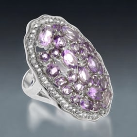 Amethyst Clustered Shield Ring set in Sterling Silver - Size 8