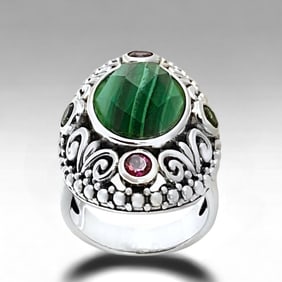 Bali design Malachite Sterling Silver Ring with Chrome Diopside & Rhodolite Garnet