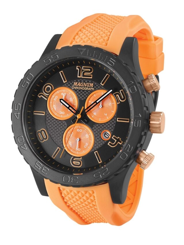 51mm Men's Magnum Captain Quartz Watch: The Magnum Captain is a big Men's 51mm case chronograph.The case sports a matt finish in each color with large stop watch function buttons. The dial features an almost holographic carbon fibre texture