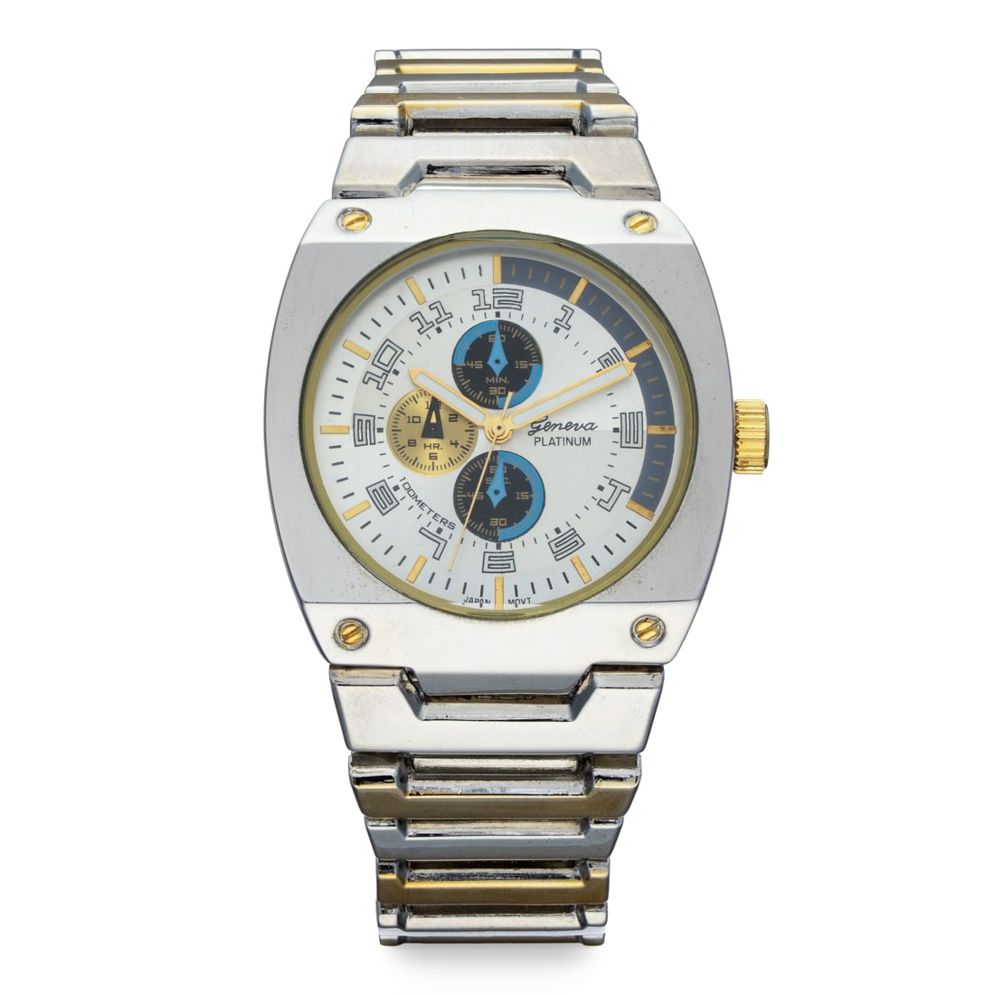Geneva Mens Watch: 43mm Case, Japan Movement, Silver & Gold metal band and case
