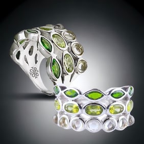 Three-row gleaming crafted Green Gemstone Sterling Silver Ring - Size 7
