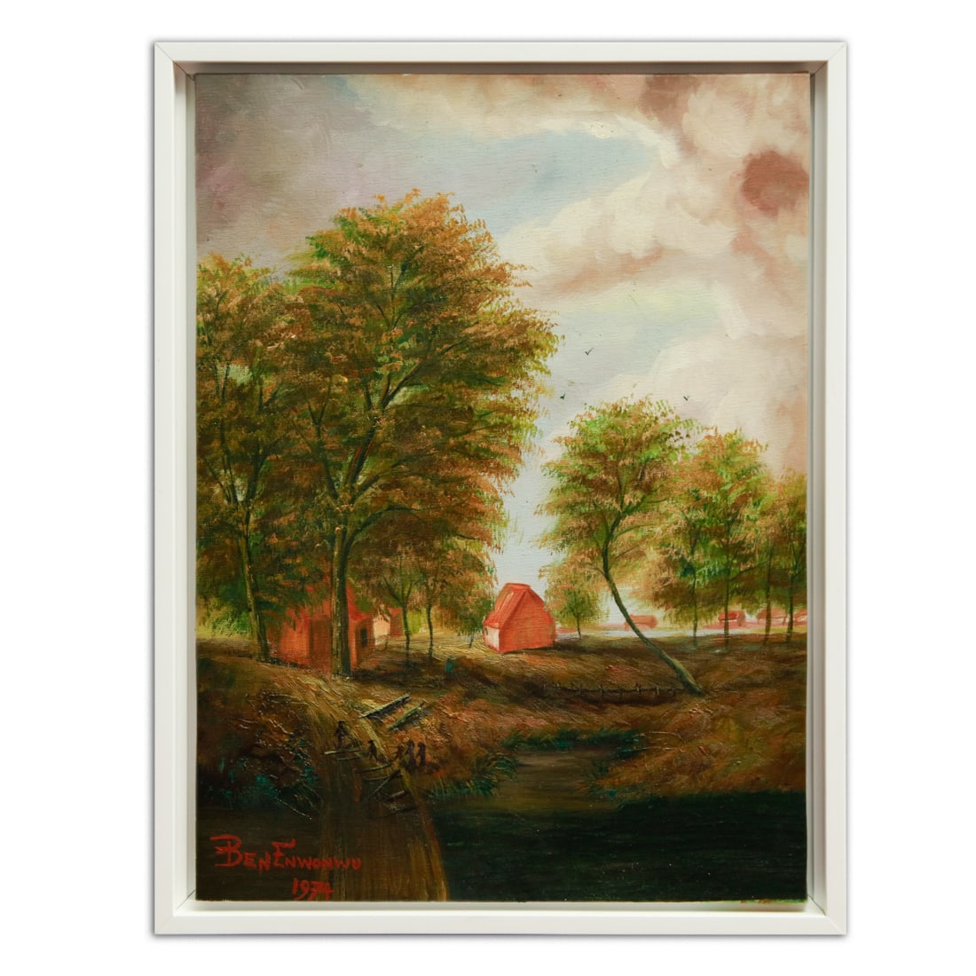 Ben Enwonwu Nigerian Village Scene on Canvas (1974) (1 of 16)