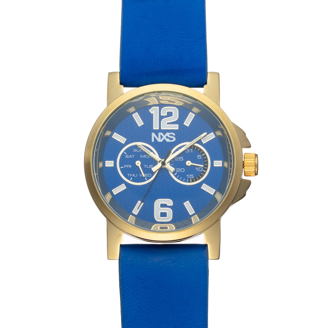 NXS Mens Watch: 43mm Case, Blue vinyl Band, Gold case, 2 sub-dials date & day Wtaer resistant 30 meters