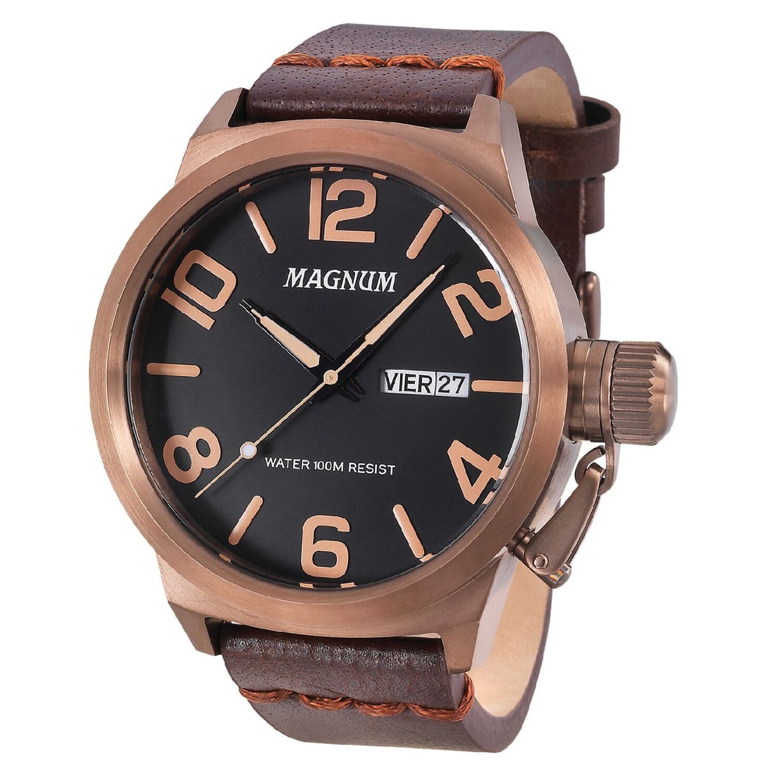 48mm Men's Magnum Graduate Quartz Watch: The Magnum Graduate Men's watch sports a 41mm dial window with a 14mm thick case. The Graduate is the epitome of the contemporary watch. The 3 hand watch with day/date feature and sturdy leather strap