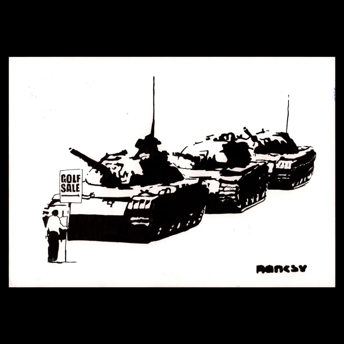BANKSY: "Golf Sale": Title: Banksy-Inspired Mixed Media Marker Drawing - "Golf Sale" Description: An evocative and poignant piece, this mixed media marker drawing mirrors the audacious brilliance associated with Banksy's 
