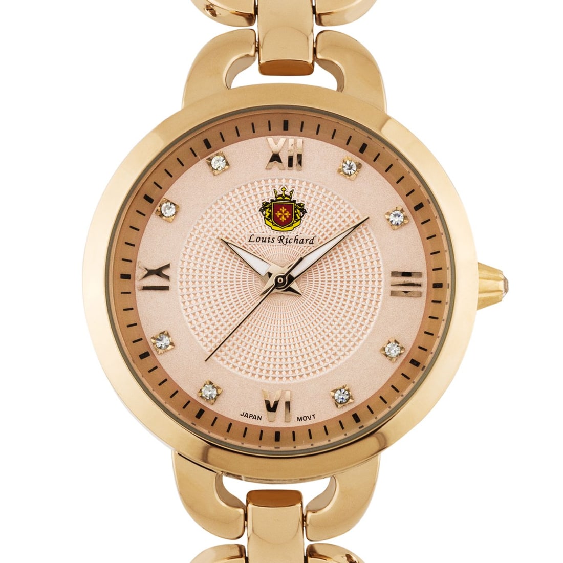 Louis Richard Felina Ladies Watch: With its multi.textured dial design and Czech crystal hour markers, this watch will always be your first choice. The polished link bracelet gives an elegant finish to this wonderful watch! Hands: Lumi