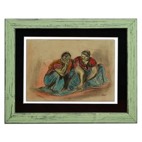 Francisco Zúñiga Mixed Media Drawing – "Two Women in Reflection" Attributed