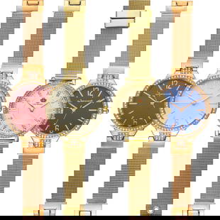 Set of 4 Ladies Watches: Crystal Bezels with Goldtone Mesh Straps: This set of four luxurious ladies' watches offers a perfect blend of elegance and versatility. Each watch features a gold-tone mesh strap, complemented by a dazzling crystal bezel and a sleek gold-ton