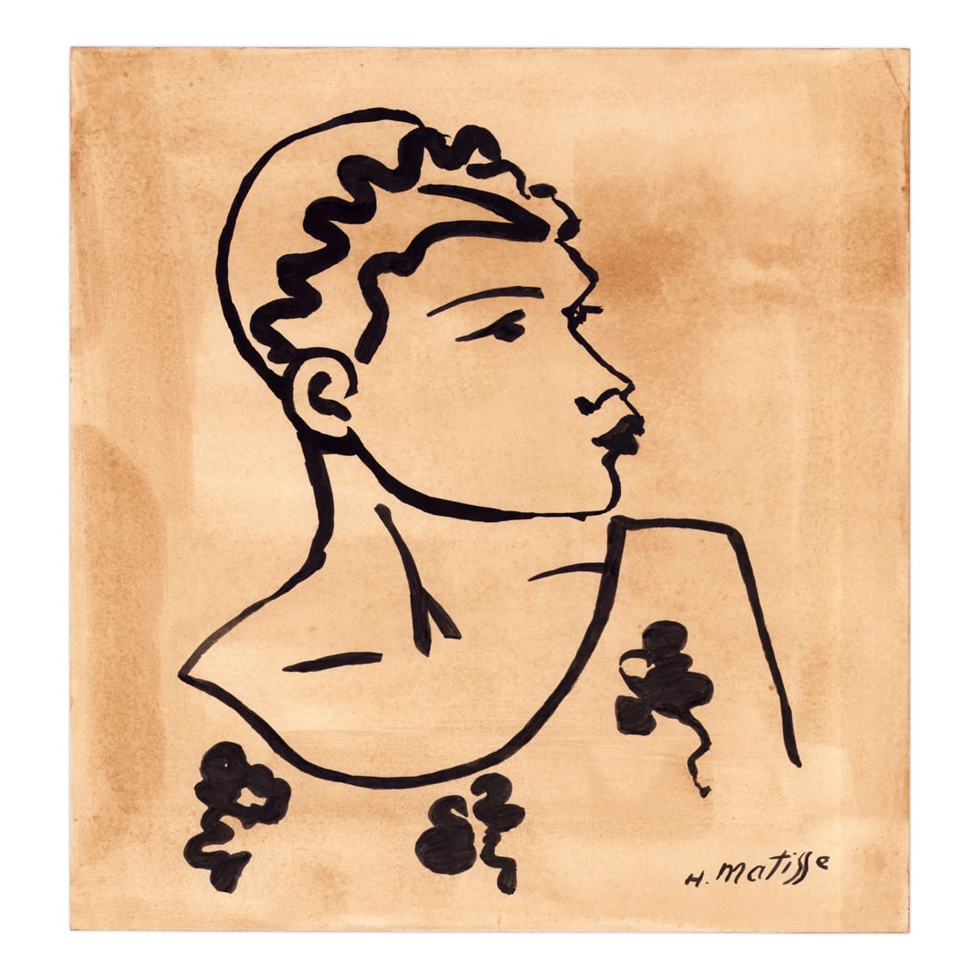 Henri Matisse Watercolor Drawing on Heavy Card Stock: Title: This particular piece captures what appears to be a woman's face and upper torso, emphasizing exaggerated features around the nose and mouth. Henri Matisse Watercolor Drawing on Heavy Card Stoc