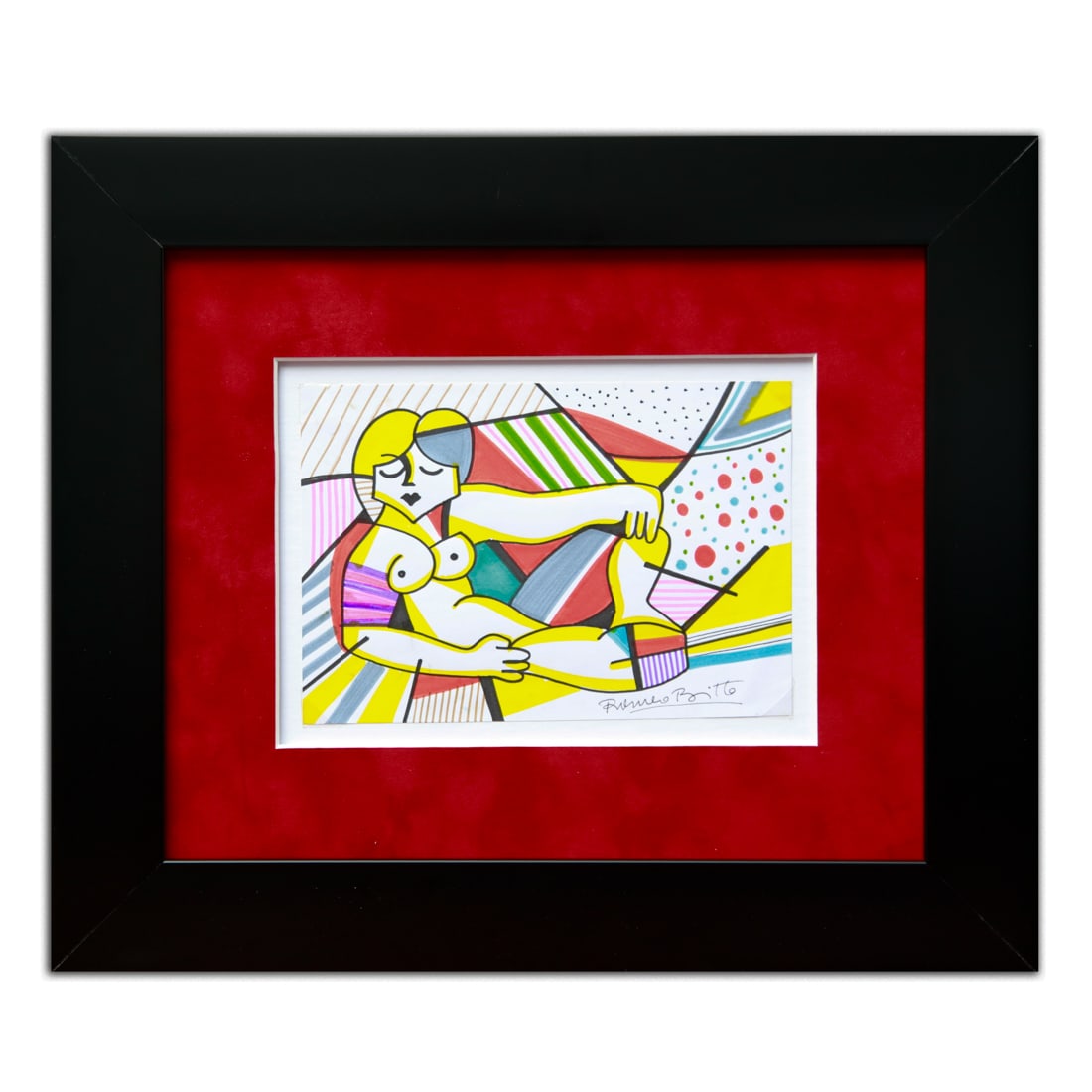 Romero Britto Mixed Media Drawing, "Nude Lounging Woman": Title: Romero Britto Mixed Media Drawing "Nude Lounging Woman" Description: We are thrilled to offer this vibrant mixed media drawing attributed to the acclaimed artist Romero Britto, titled "Nude Lou