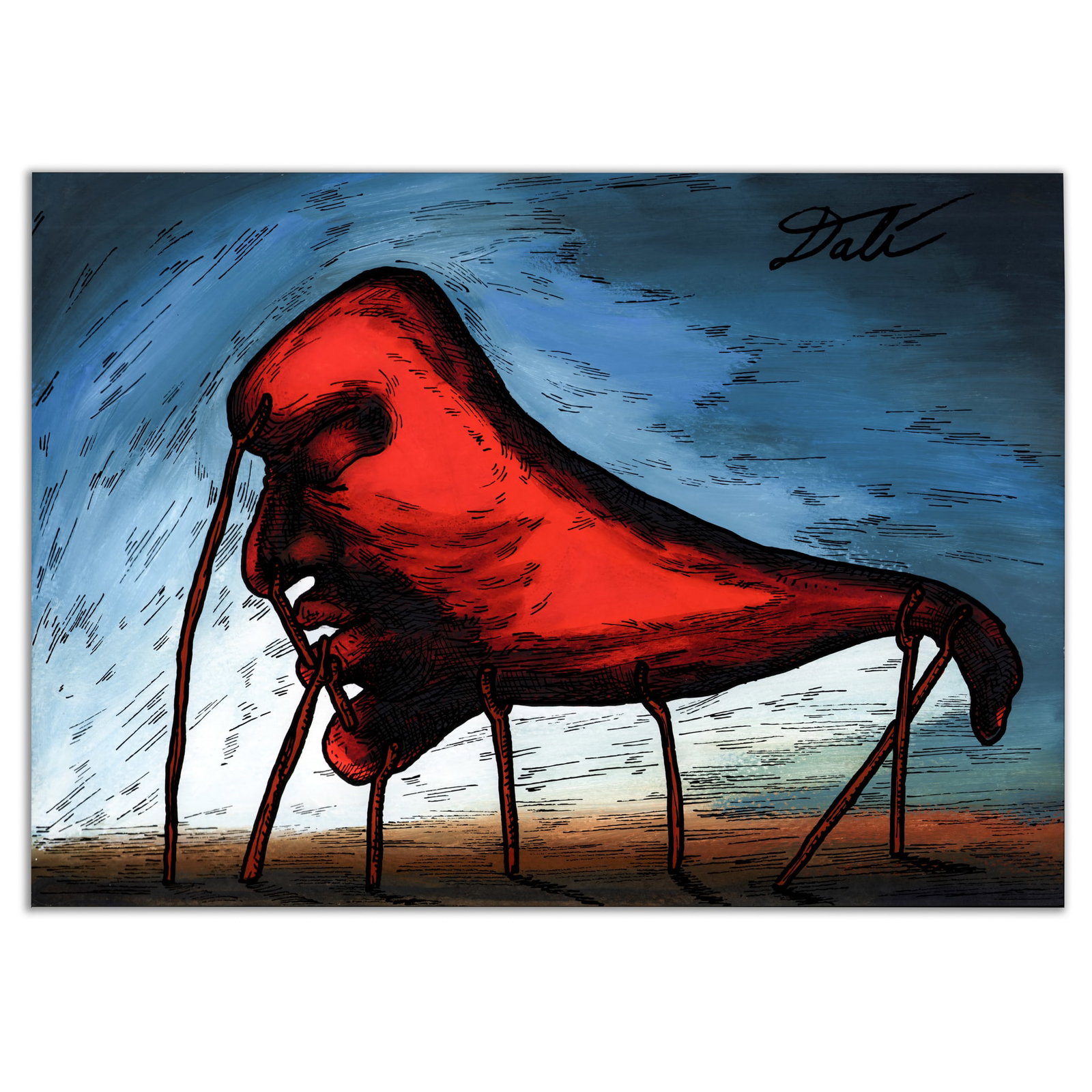 Salvador Dali Mixed Media on Heavy Card Stock: Title: This artwork features a large, elongated red head gazing contemplatively to the left, elevated off the ground by delicate stilts. Salvador Dali Mixed Media on Heavy Card Stock Item Description: