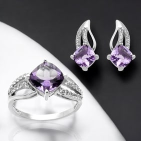Amethyst & White Topaz Jewelry Sterling Silver Set! Stunning Ring (Size 7) and matching earrings