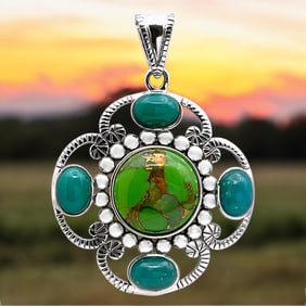 Stunning Green Mohave Turquoise Pendant with Campo Frio Turquoise, Crafted in Sterling Silver –
