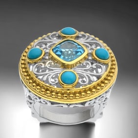 Gold over Sterling Silver Ring with Turquoise & Swiss Blue Topaz - Size 7