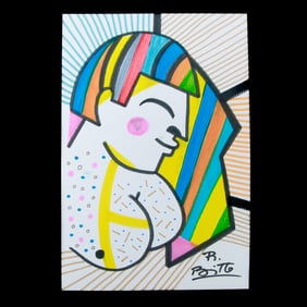 Romero Britto Marker Art on Paper - "Abstract Woman's Face"