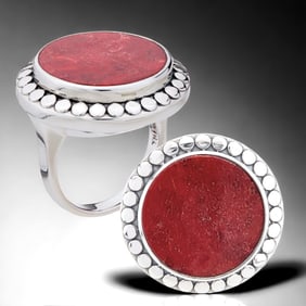 Deep Red Coral Gemstone Ring crafted in Sterling Silver - Size 6