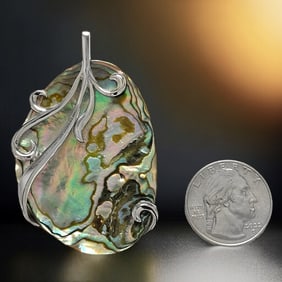 Large Abalone Pendant wrapped with a detailed Sterling Silver design