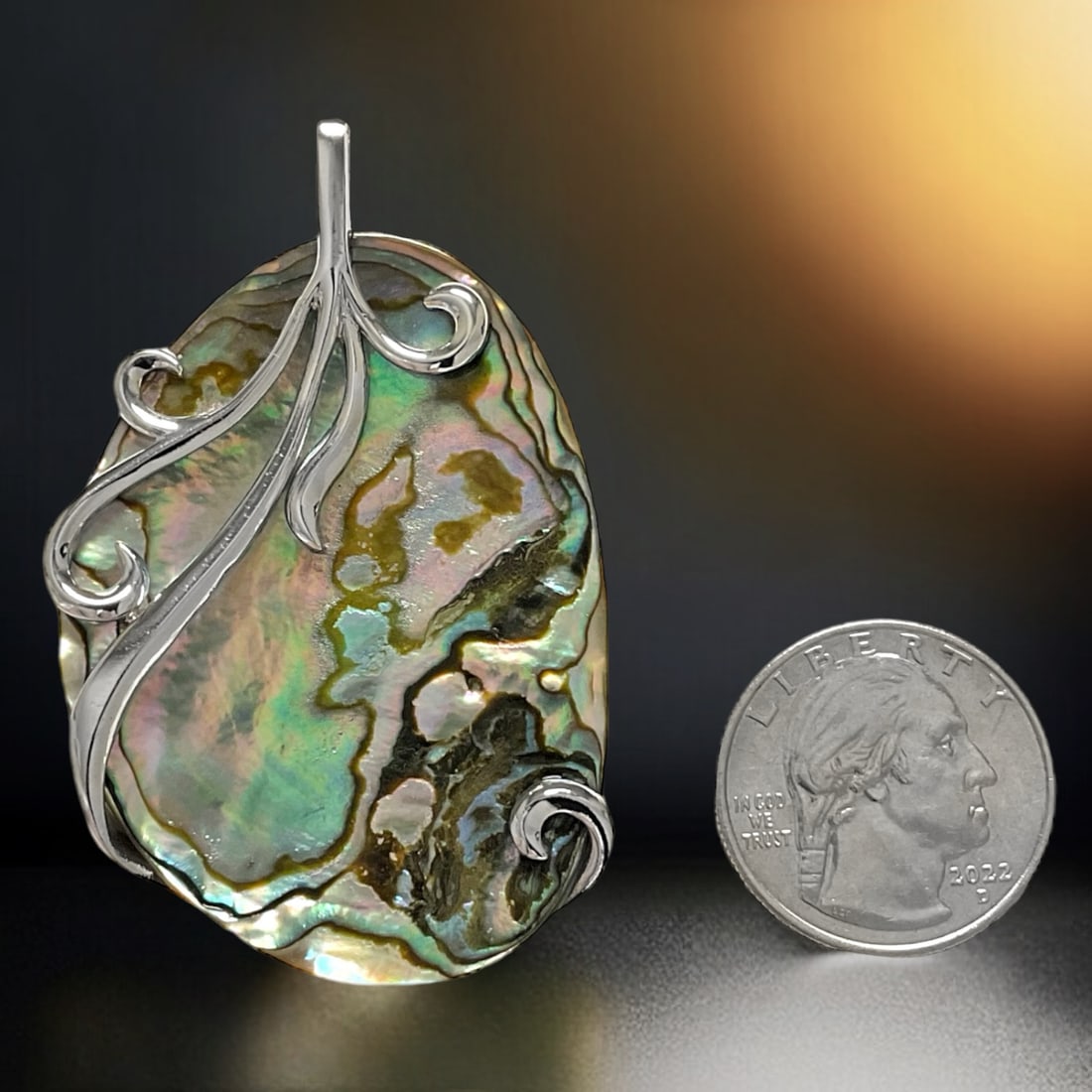 Large Abalone Pendant wrapped with a detailed Sterling Silver design (1 of 1)