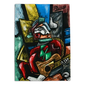 Picasso Mixed Media: "Picassoesque Portrait of a Man Playing a Guitar"