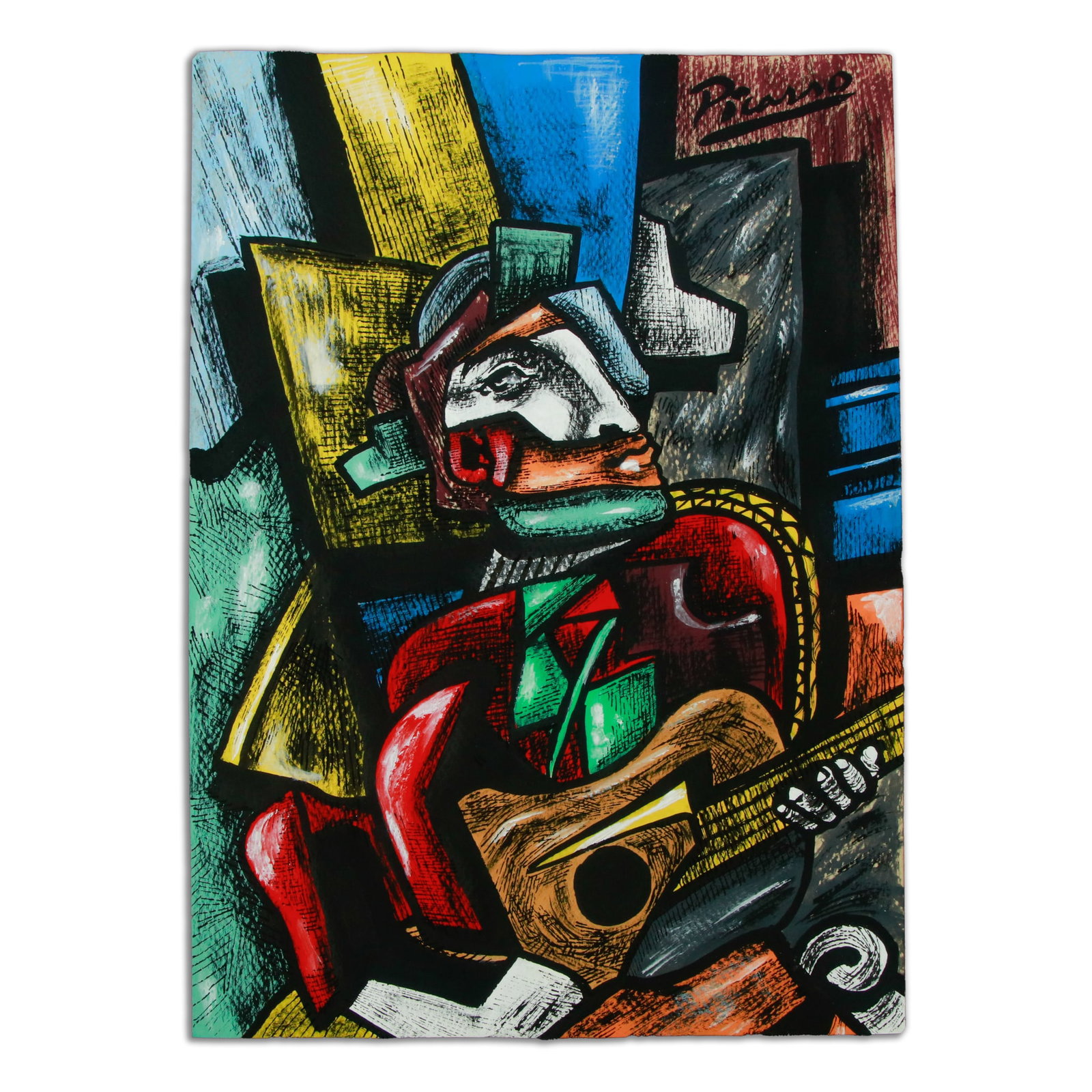 Picasso Mixed Media: "Picassoesque Portrait of a Man Playing a Guitar": Title: Mixed Media on Paper: "Picassoesque Portrait of a Man Playing a Guitar" Auction Description: Dimensions: 11.75 x 8.25 inches Medium: Mixed Media on Paper Step into the enigmatic and transformat