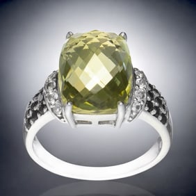 Bold and Exotic Lemon Quartz Sterling Silver Ring with Black Spinel & White Topaz accents - Size 7.5
