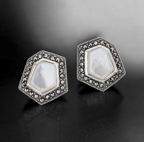 Avant Garde White Mother-of-Pearl Sterling Silver Earrings adorned with breathtaking Marcasite Gems