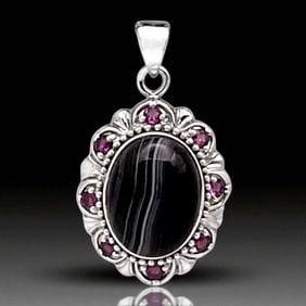 Enchanting Banded Agate & Garnet Sterling Silver Pendant