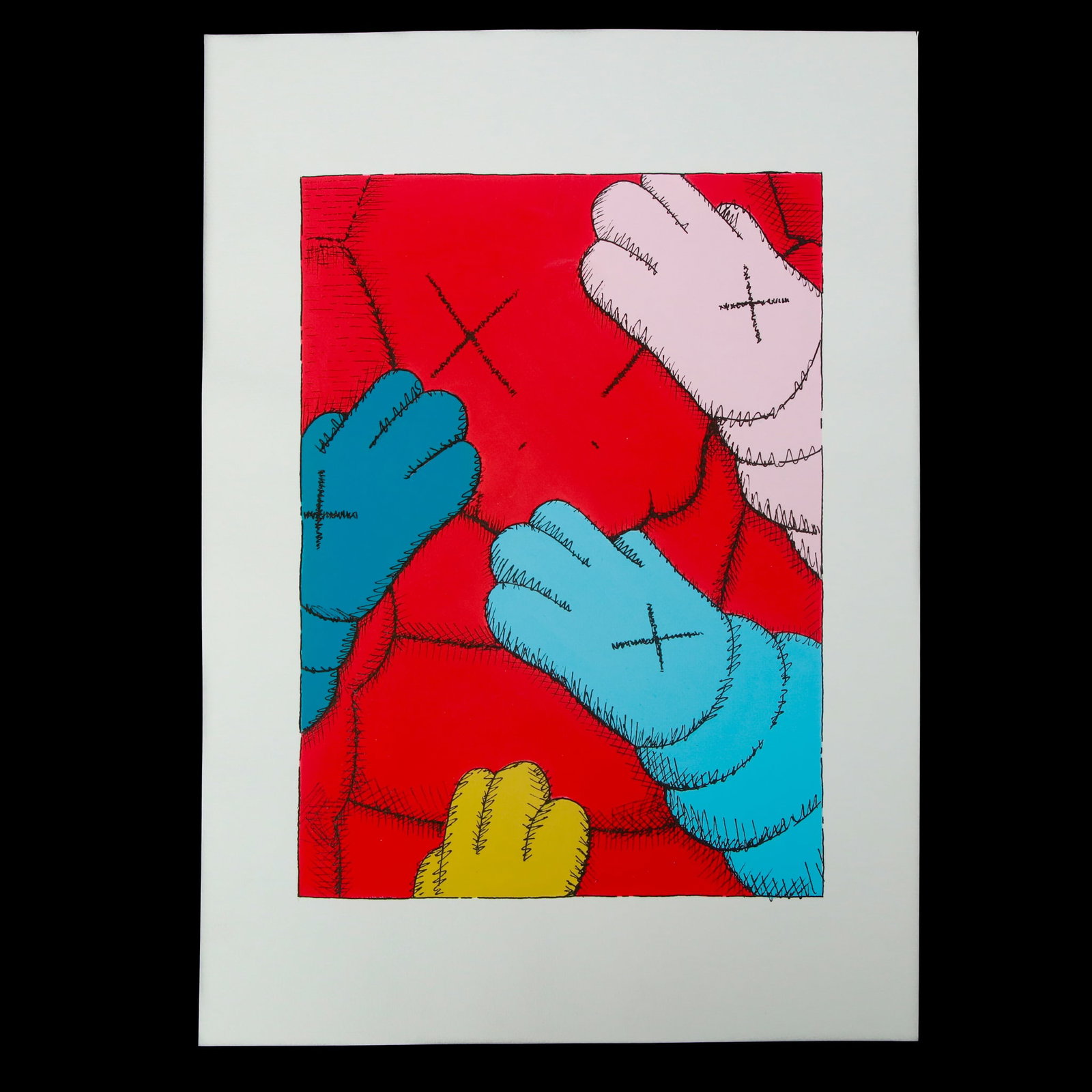 KAWS: The Vibrant Convergence of "Chum": Title: KAWS Print: The Vibrant Convergence of "Chum" Description: We are delighted to present a compelling print attributed to the influential contemporary artist KAWS, known for his unique ability to