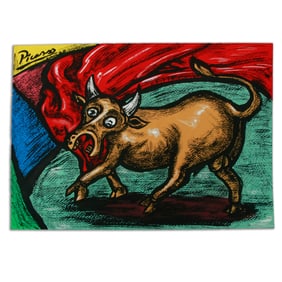 Picasso Mixed Media: "Picassoesque Portrait of a Bull Charging through a Red Cape"