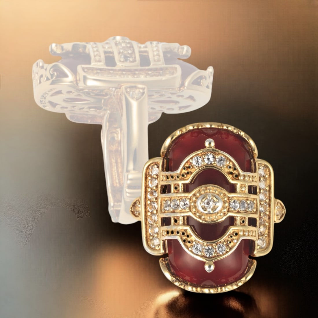 Regal Gold over Sterling Silver Ring with Carnelian & White Topaz - Size 7: Product Details Item: Ring Metal: 14K Gold over Sterling Silver Gemstone: Carnelian & White Topaz Approximate Measurements: Width: 23.8 mm Ring Size: 7 Chain Length: Not Applicable Chain