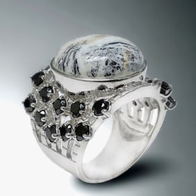 10.07Cttw White Buffalo Sterling Silver Ring with stunning Black Spinel accents