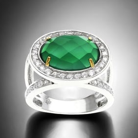 Deep Green Agate & White Topaz Ring with Golden accents - Size 7
