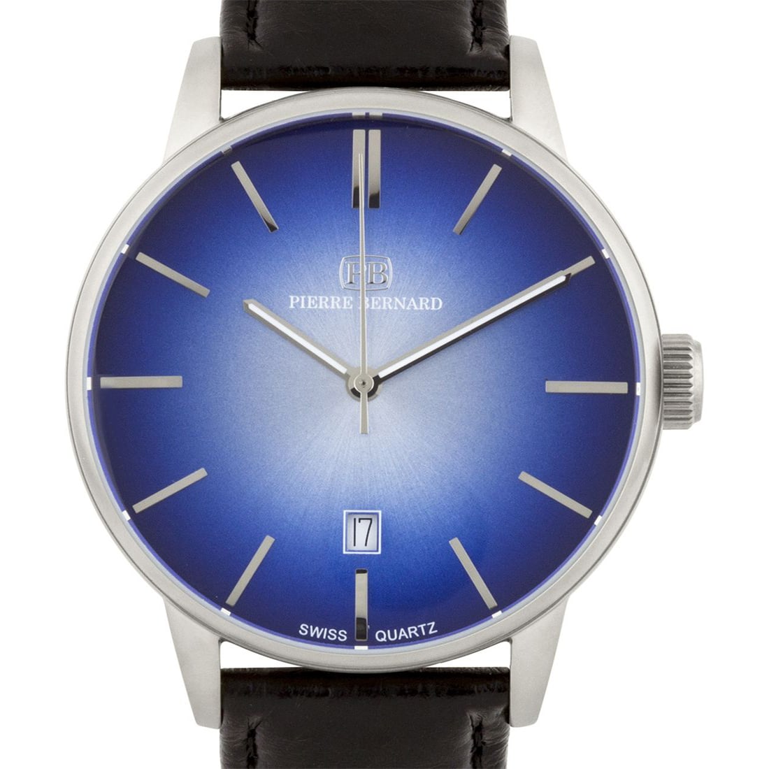 Pierre Bernard Black Leather 42mm Case Men's Watch: Swiss 3H Watch, Genuine Swiss Ronda 515 Movement, 42mm Stainless Steel Case, Adjustable Leather Strap with Stainless Steel Buckle, Sapphire Coated Crystal, Screw Down Crown, Luminescent Hands, Water R