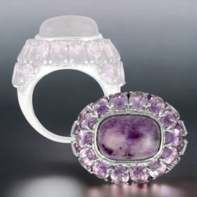 Purple Amethyst & Charoite arranged in an oval design set in Sterling Silver Ring - Size 7