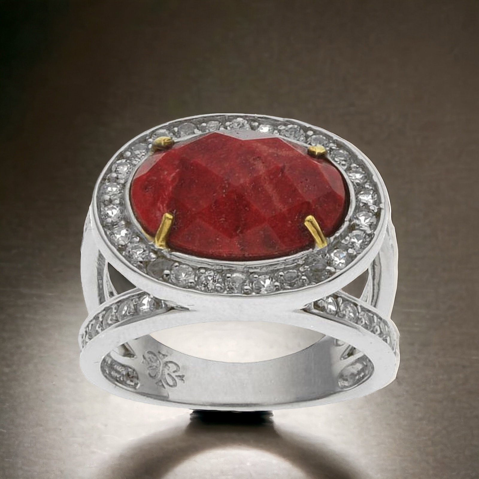 Sterling Silver Facated Coral & White Topaz Ring: Product Details Item: Ring Metal: Sterling Silver Gemstone: Composite Coral and White Topaz Approximate Measurements: Ring Size: 7 Chain Length: Not Applicable Chain Metal: Not Applicab