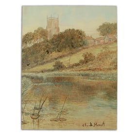 Claude Monet Painting on Paper: Lily Pond with Hillside and Tower