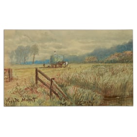 Claude Monet Painting on Paper: Countryside Scene with Hay Stacking