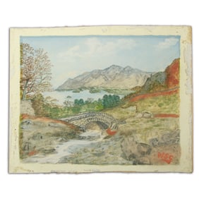 Sir Winston Churchill Mixed Media Painting, "Mountainous Valley with Lake"