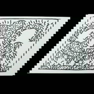 Keith Haring — Collective Strength and Femininity (Style of Haring): Title: Title: Mixed Media on Paper: "Style of Keith Haring — Collective Strength and Femininity" Dimensions: 8.25 x 11.75 inches Medium: Mixed Media on Paper Description: This evocative black-and-wh